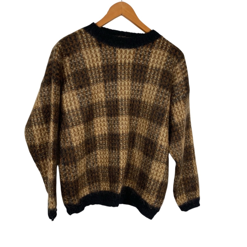 Paul Harris Women's Plaid Wool Mohair Academia Preppy Classic Sweater Brown Sz M
